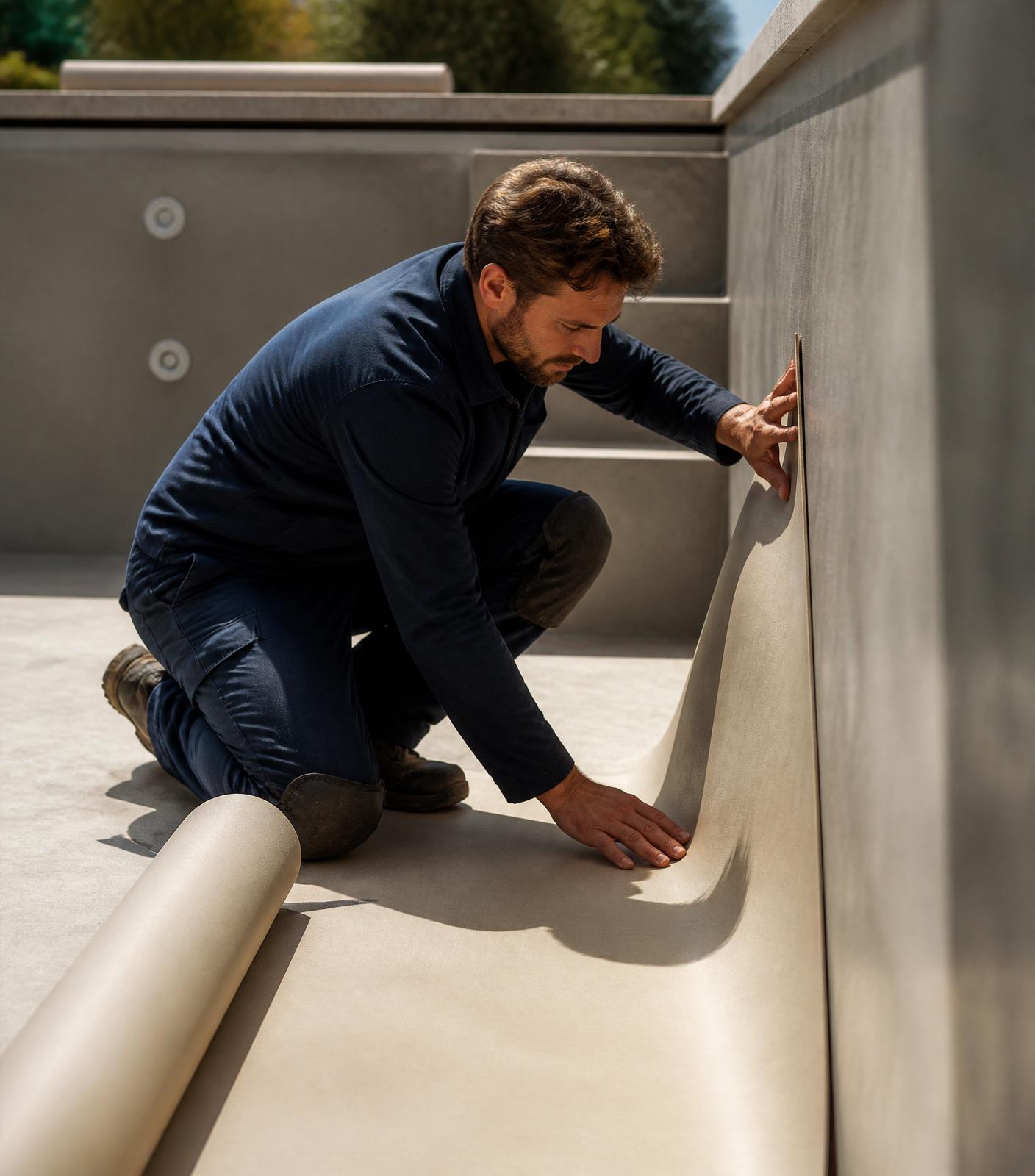 Pose de membrane PVC armé sur bassin béton — sous-traitance pour pisciniers